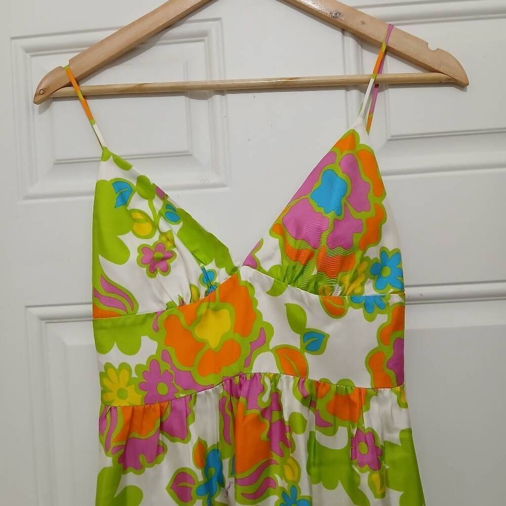 Milly new york size 0 women 100% silk floral green orange babydoll dress Pockets - Picture 3 of 8